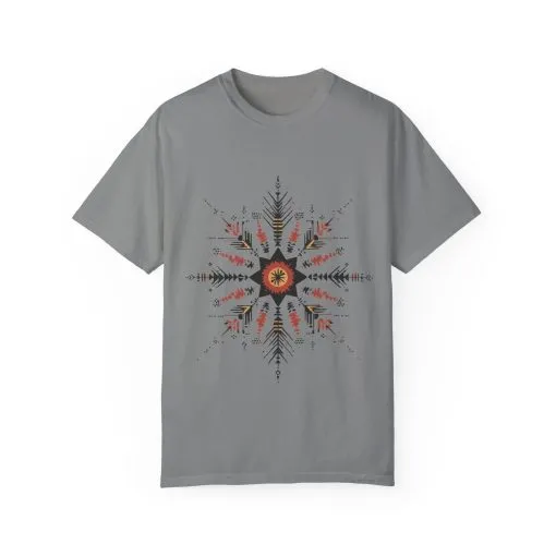 Boho chic nature t-shirt with geometric tribal design, artistic mandala print tee, unisex garment-dyed earthy tone t-shirt, bohemian festival fashion t-shirt.