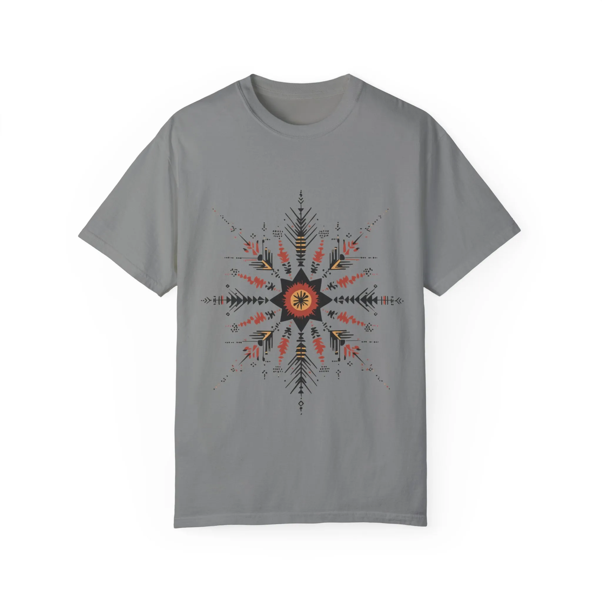 Boho chic nature t-shirt with geometric tribal design, artistic mandala print tee, unisex garment-dyed earthy tone t-shirt, bohemian festival fashion t-shirt.
