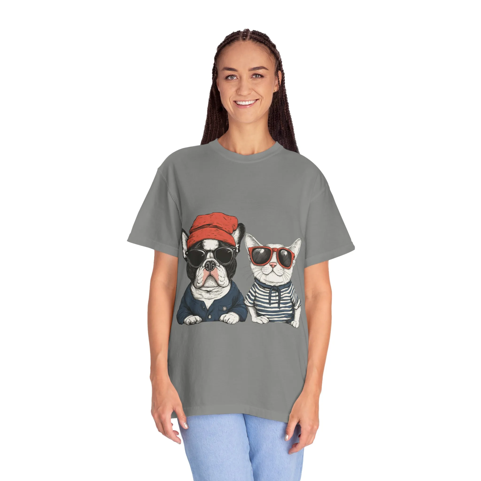 Trendy French Bulldog & Cat T-Shirt, Unisex Vintage Graphic Tee with Cool Sunglasses Design - Image 24