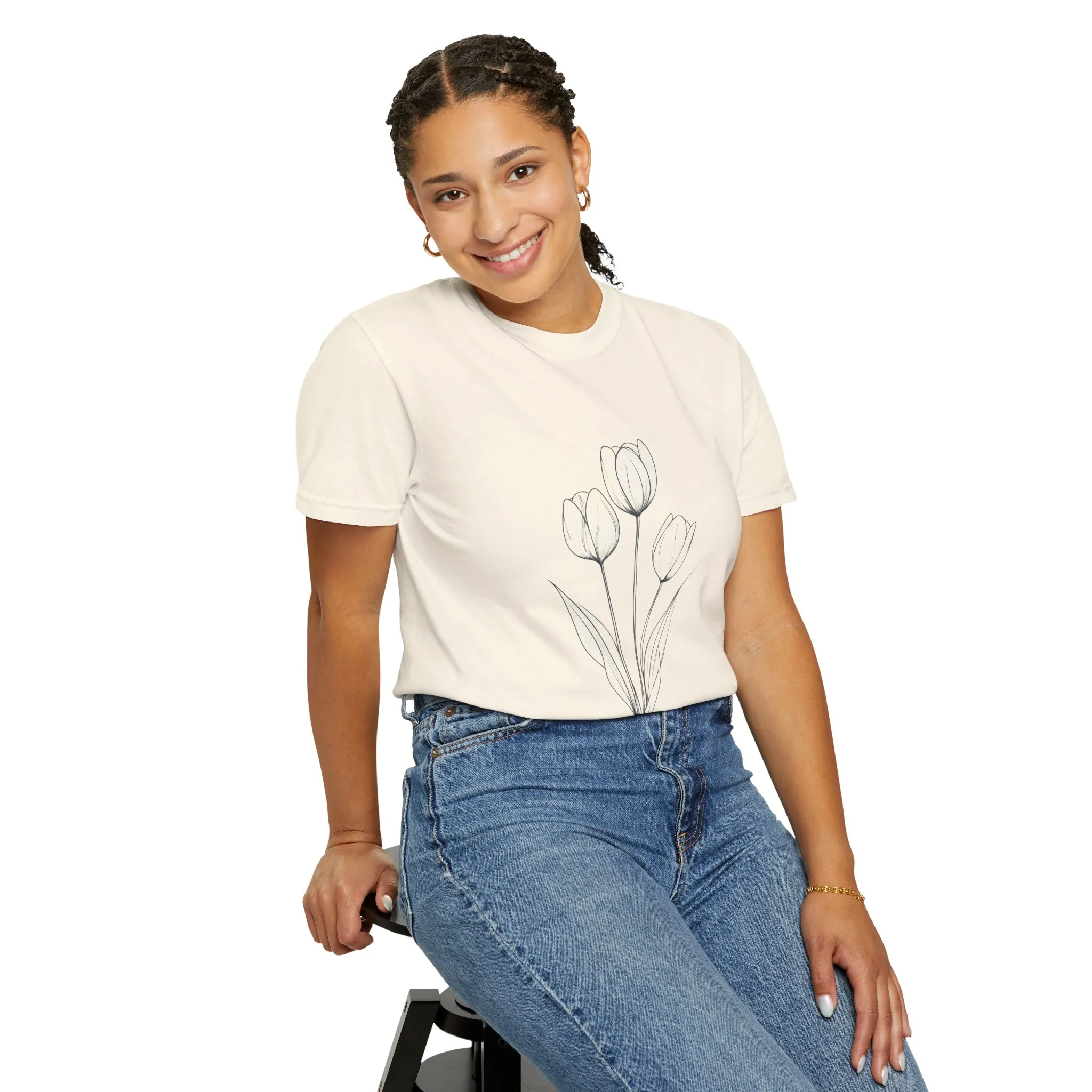 Floral Outline Unisex Garment-Dyed T-Shirt – Soft & Stylish Everyday Tee - Image 12