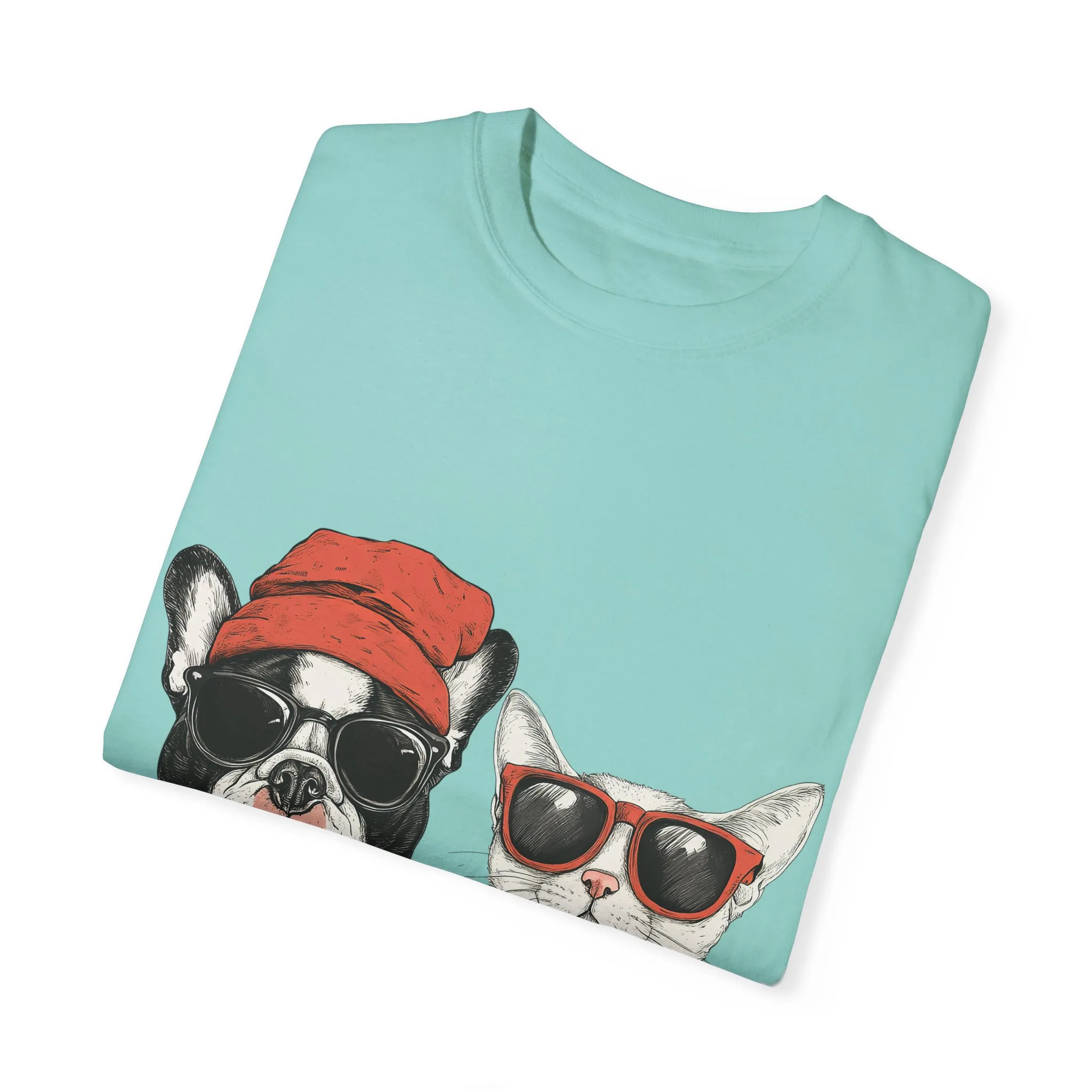 Trendy French Bulldog & Cat T-Shirt, Unisex Vintage Graphic Tee with Cool Sunglasses Design - Image 14