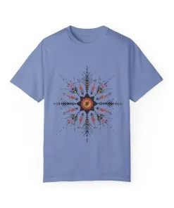 Boho chic nature t-shirt with geometric tribal design, artistic mandala print tee, unisex garment-dyed earthy tone t-shirt, bohemian festival fashion t-shirt.