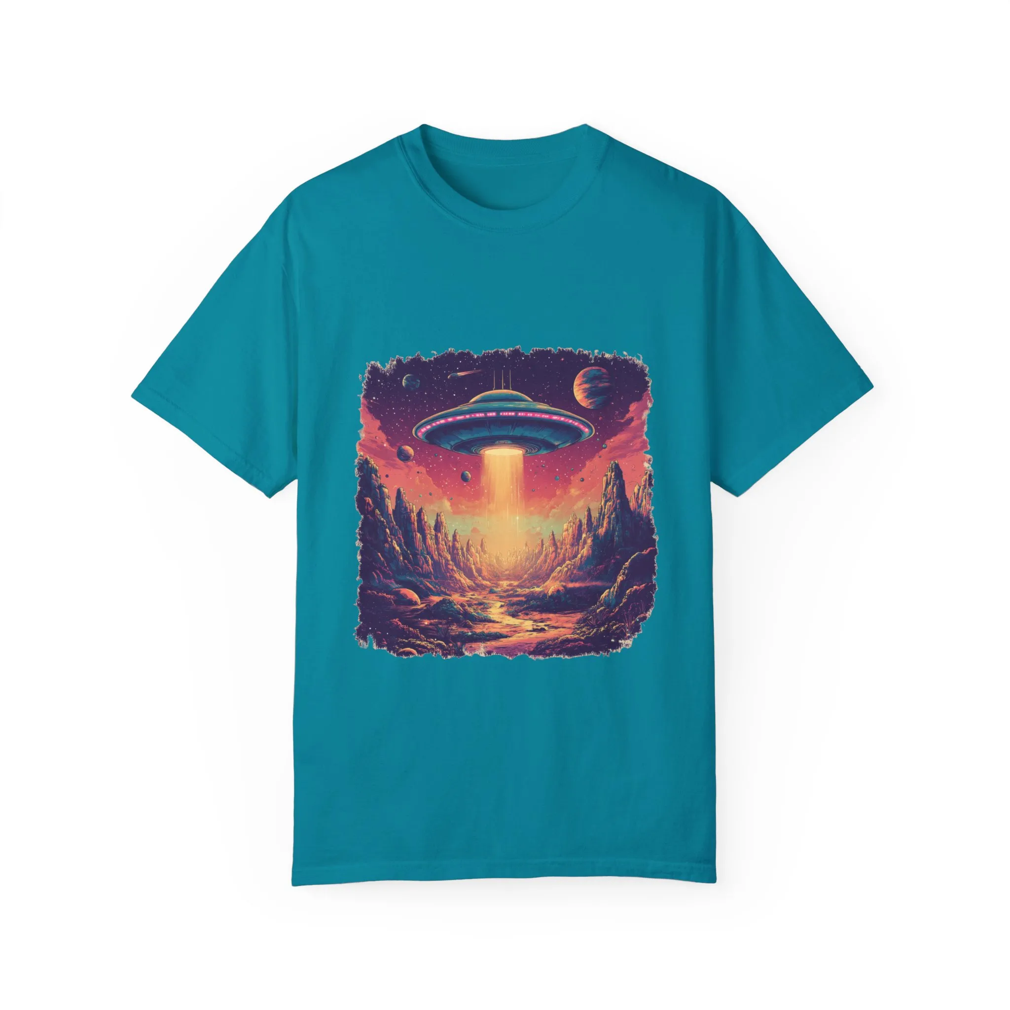 Galactic Adventure Unisex T-Shirt - UFO and Cosmic Landscape Design - Image 13