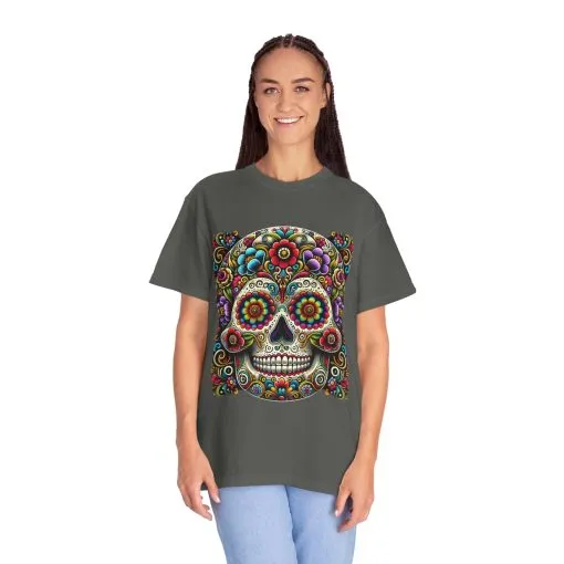 Colorful Floral Skull T-Shirt | Day of the Dead Style | Unisex Garment-Dyed Tee - Image 8