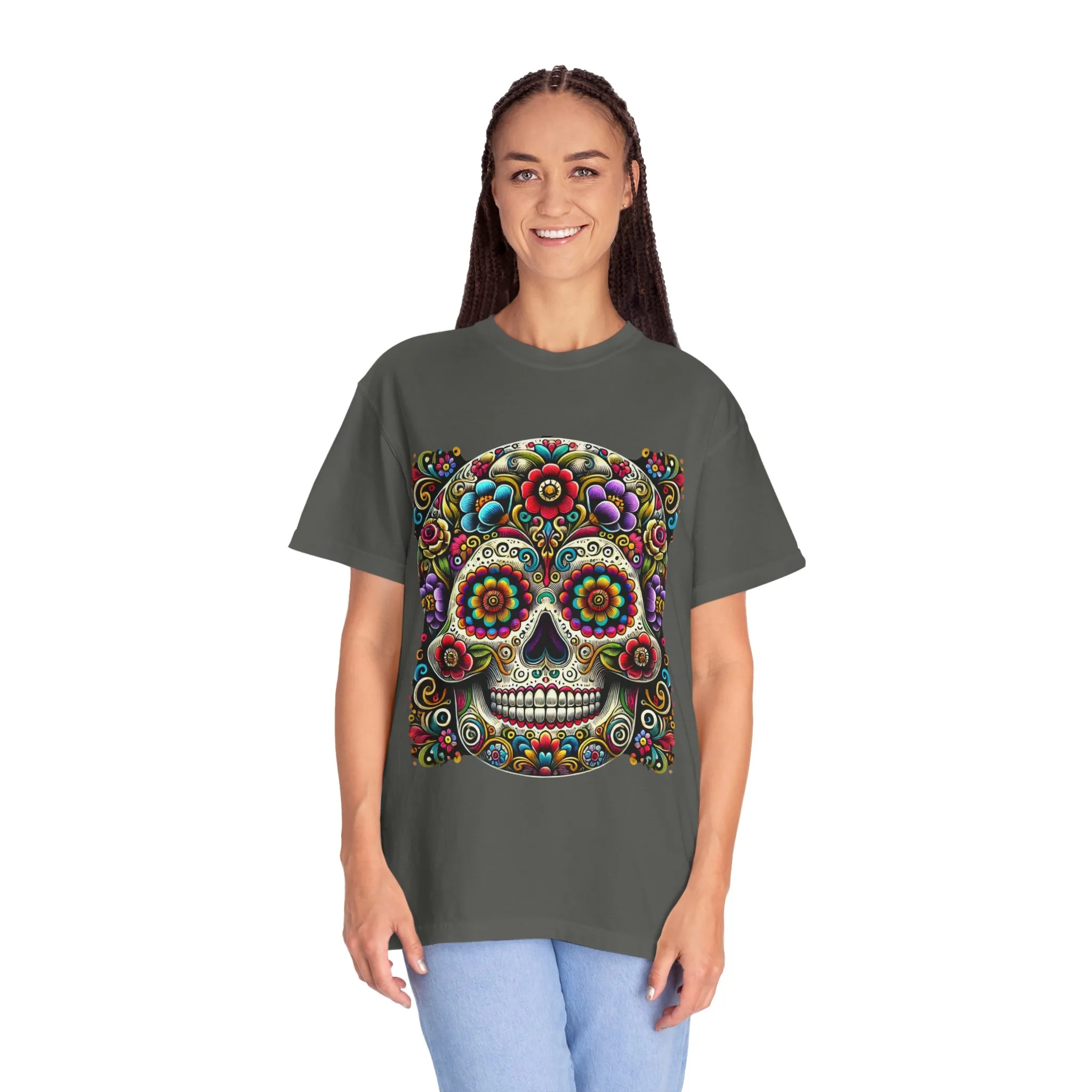 Colorful Floral Skull T-Shirt | Day of the Dead Style | Unisex Garment-Dyed Tee - Image 8