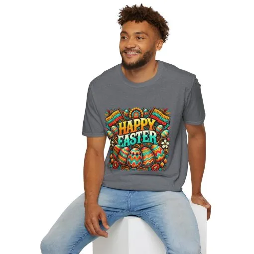 Happy Easter Unisex Softstyle T-Shirt - Colorful Easter Egg Design - Image 5
