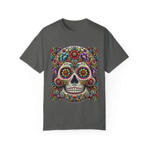 Colorful Floral Skull T-Shirt | Day of the Dead Style | Unisex Garment-Dyed Tee - Image 5