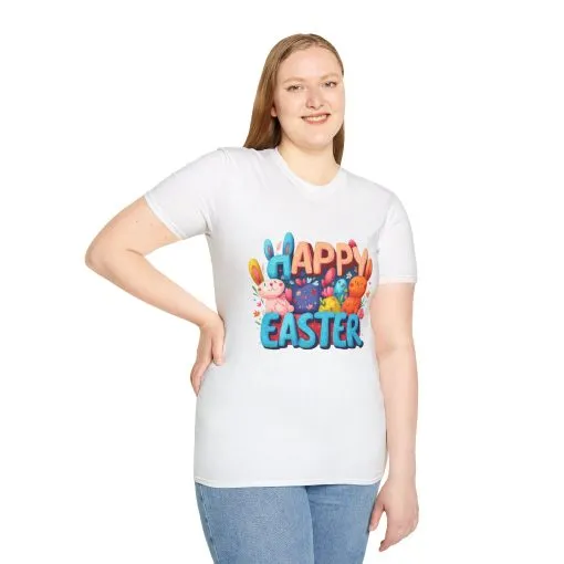 Happy Easter Unisex Softstyle T-Shirt - Fun Spring Bunny Design - Image 9