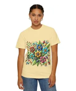 Colorful floral t-shirt with artistic flower print, vibrant unisex garment-dyed tee, bohemian botanical design t-shirt, handmade style floral print tee on light blue fabric.