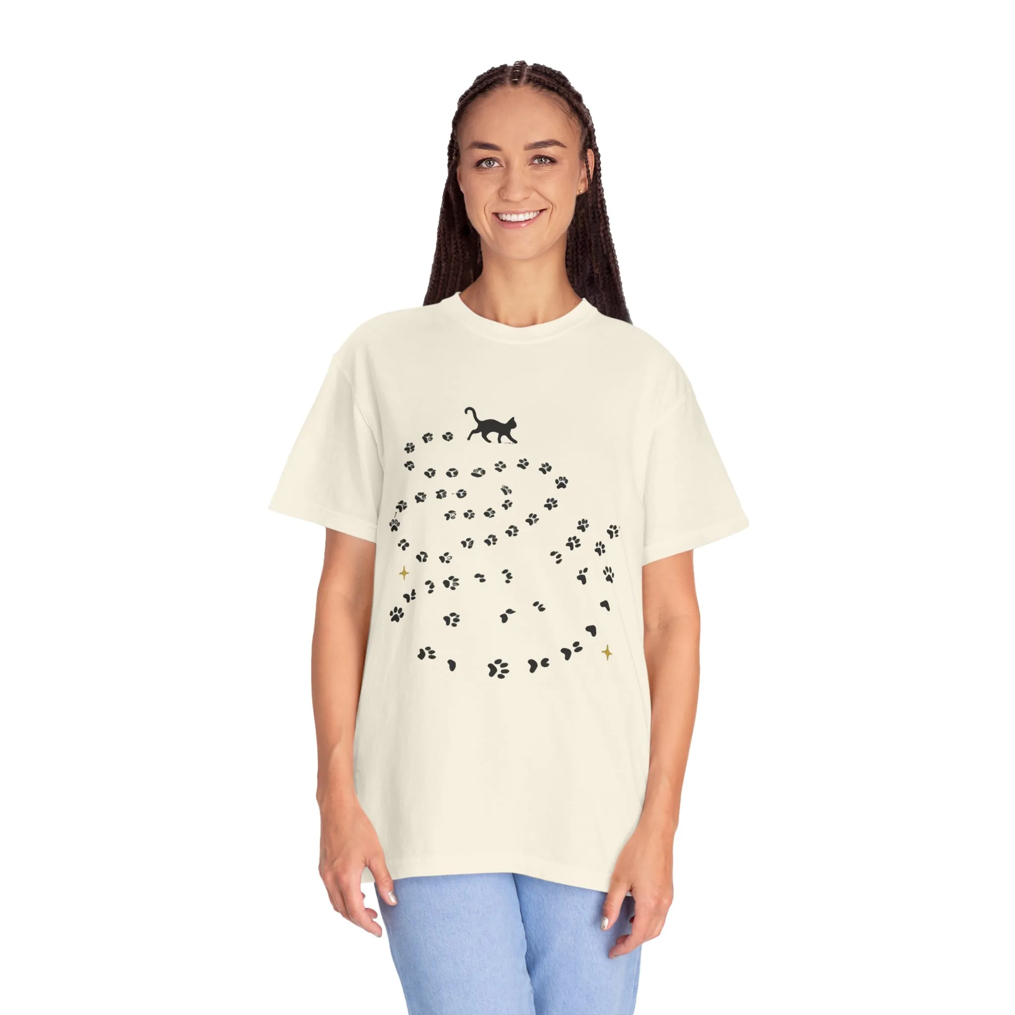 Whimsical Cat and Paw Print T-Shirt for Animal Lovers - Image 8