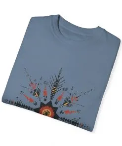 Boho chic nature t-shirt with geometric tribal design, artistic mandala print tee, unisex garment-dyed earthy tone t-shirt, bohemian festival fashion t-shirt.