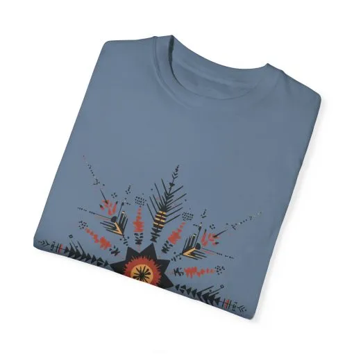 Boho chic nature t-shirt with geometric tribal design, artistic mandala print tee, unisex garment-dyed earthy tone t-shirt, bohemian festival fashion t-shirt.