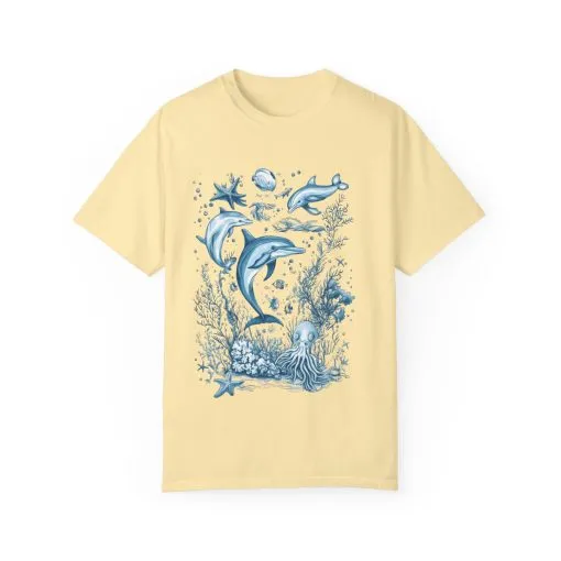 Coral reef and dolphin t-shirt for marine enthusiasts