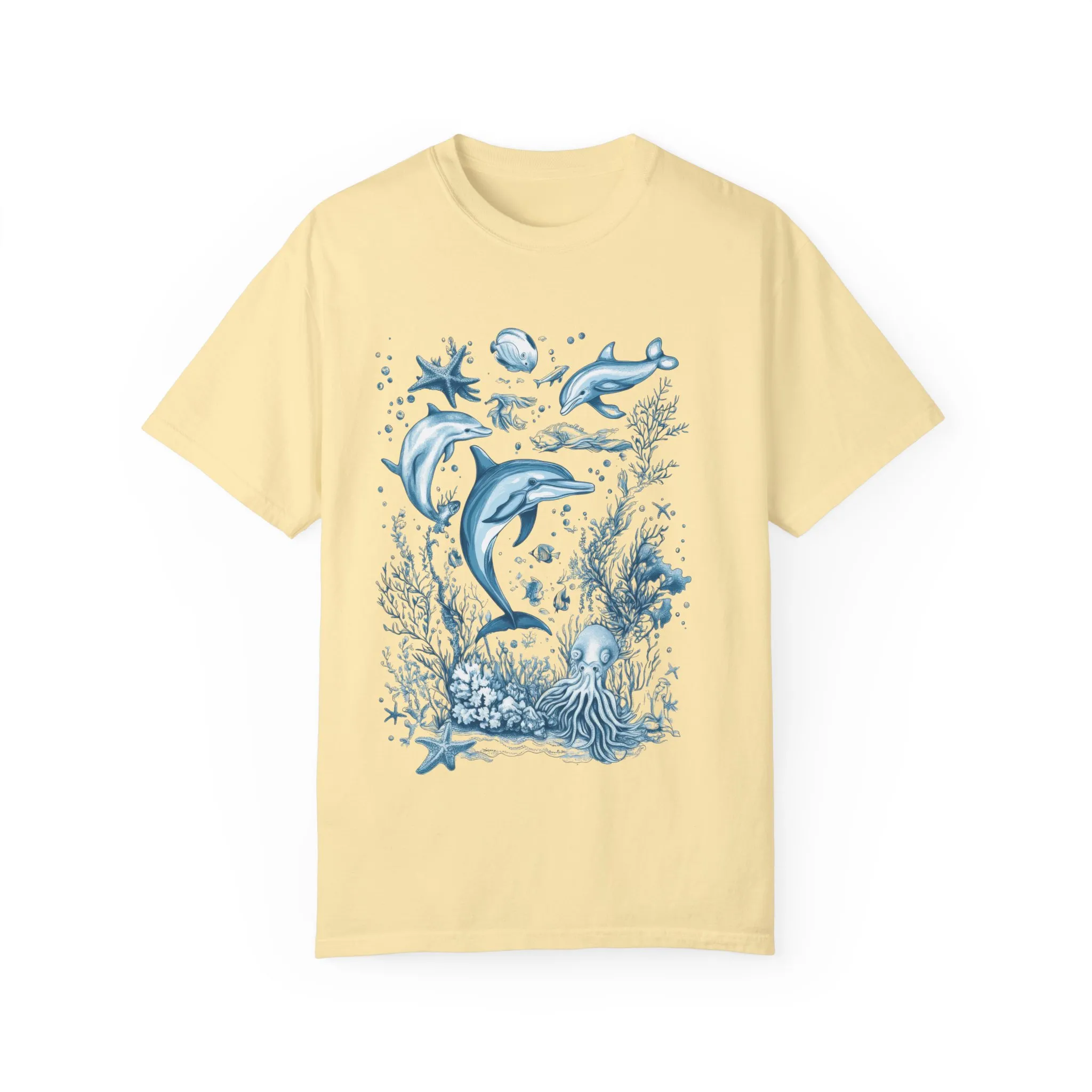 Coral reef and dolphin t-shirt for marine enthusiasts