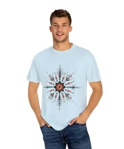 Boho chic nature t-shirt with geometric tribal design, artistic mandala print tee, unisex garment-dyed earthy tone t-shirt, bohemian festival fashion t-shirt.