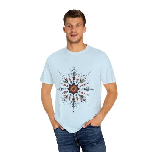 Boho chic nature t-shirt with geometric tribal design, artistic mandala print tee, unisex garment-dyed earthy tone t-shirt, bohemian festival fashion t-shirt.