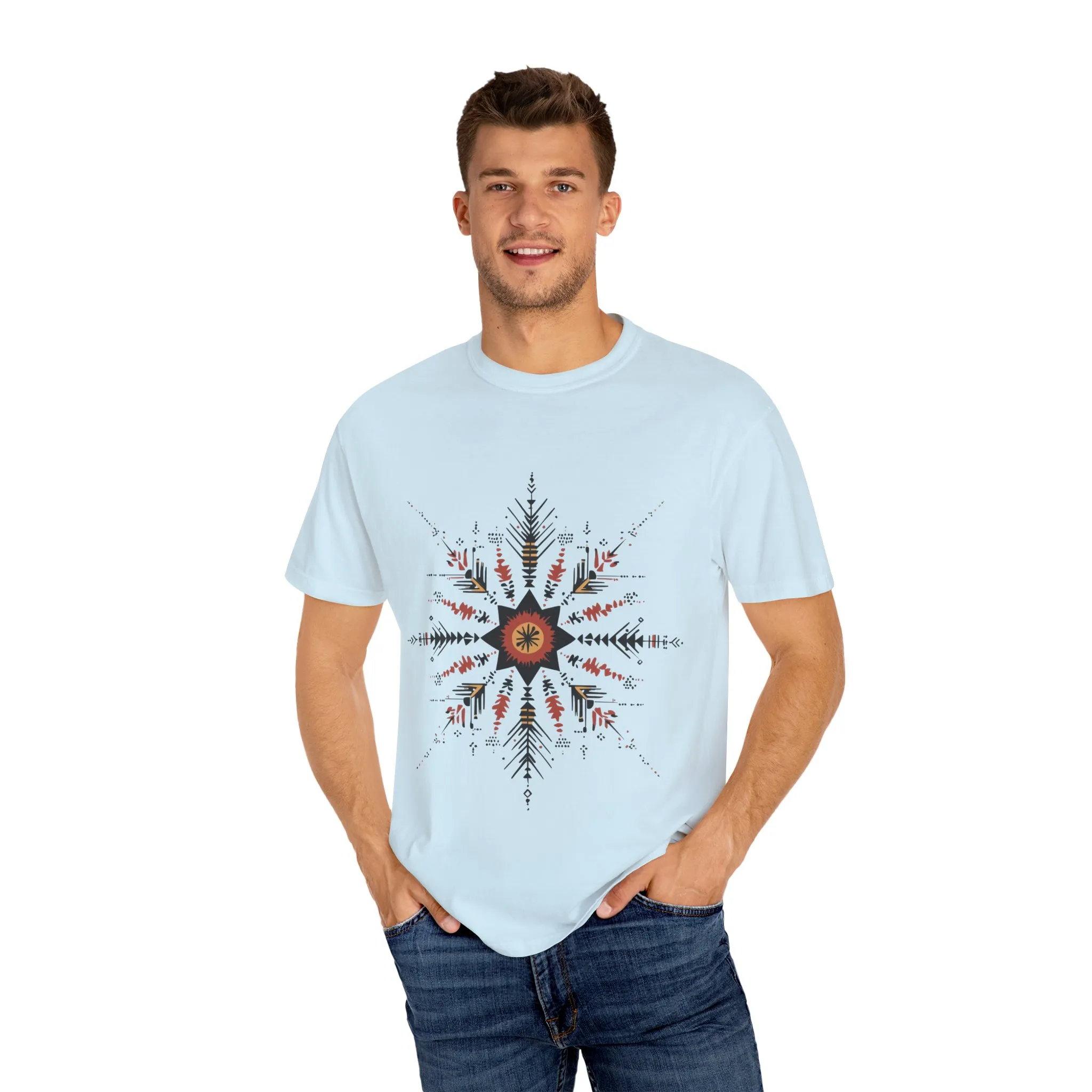 Boho chic nature t-shirt with geometric tribal design, artistic mandala print tee, unisex garment-dyed earthy tone t-shirt, bohemian festival fashion t-shirt.
