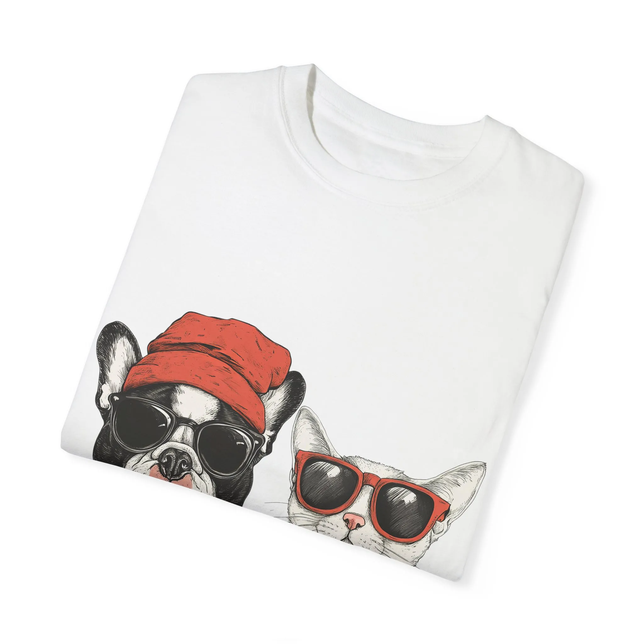 Trendy French Bulldog & Cat T-Shirt, Unisex Vintage Graphic Tee with Cool Sunglasses Design - Image 2