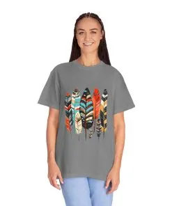 Colorful feather t-shirt with bohemian feather print, artistic tribal feather design tee, unisex boho chic feather graphic t-shirt on white fabric.