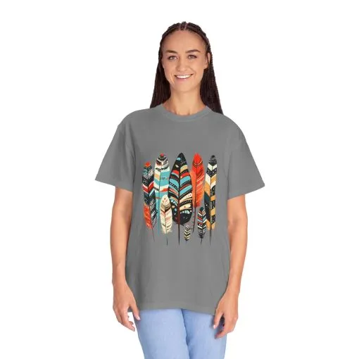 Colorful feather t-shirt with bohemian feather print, artistic tribal feather design tee, unisex boho chic feather graphic t-shirt on white fabric.