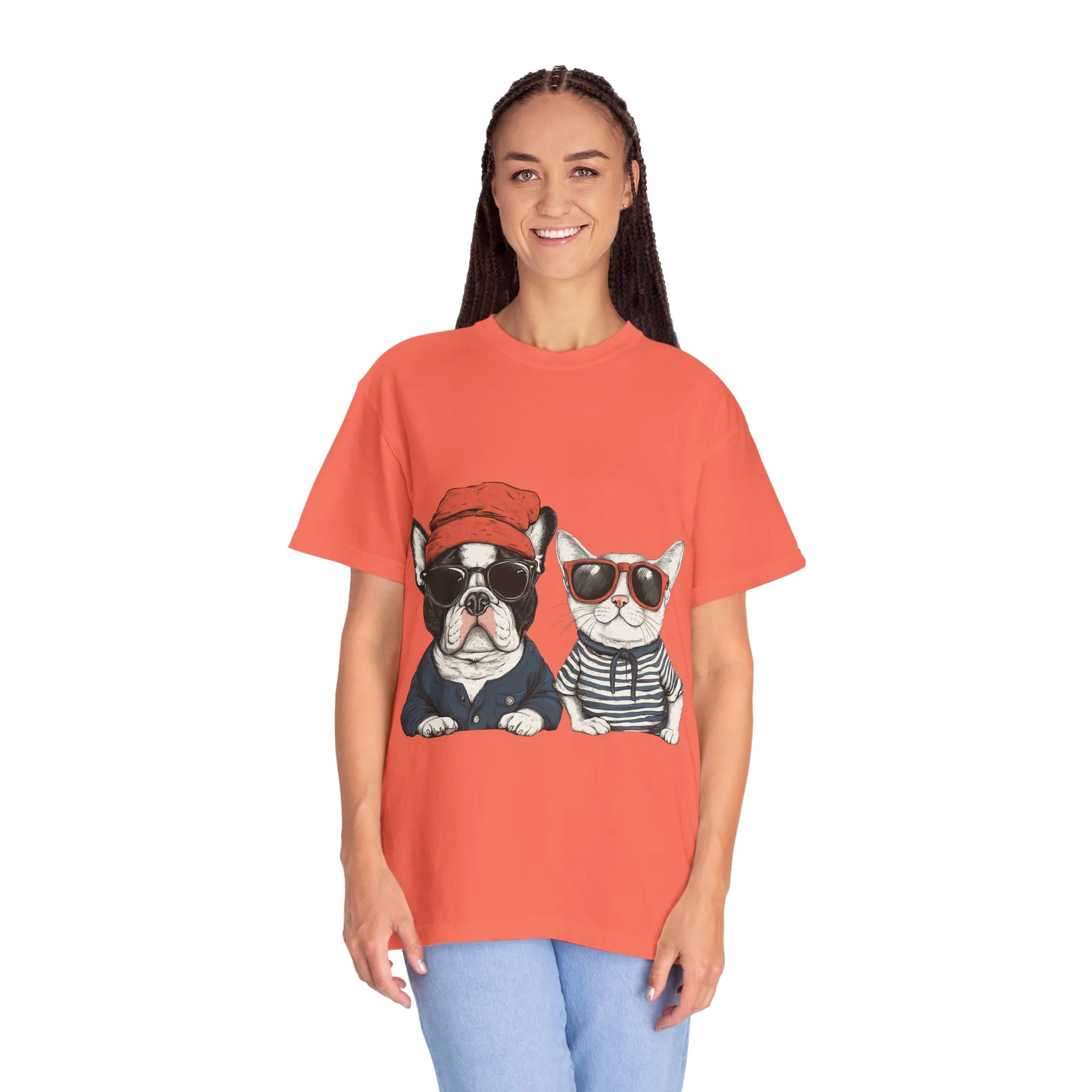 Trendy French Bulldog & Cat T-Shirt, Unisex Vintage Graphic Tee with Cool Sunglasses Design - Image 12
