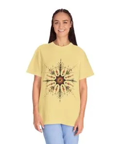 Boho chic nature t-shirt with geometric tribal design, artistic mandala print tee, unisex garment-dyed earthy tone t-shirt, bohemian festival fashion t-shirt.
