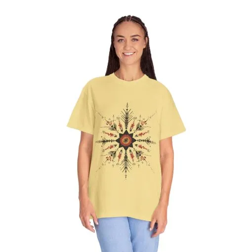 Boho chic nature t-shirt with geometric tribal design, artistic mandala print tee, unisex garment-dyed earthy tone t-shirt, bohemian festival fashion t-shirt.