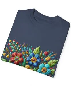 Colorful floral t-shirt with artistic flower print, vibrant unisex garment-dyed tee, bohemian botanical design t-shirt, handmade style floral print tee on light blue fabric.