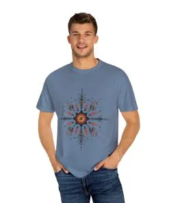 Boho chic nature t-shirt with geometric tribal design, artistic mandala print tee, unisex garment-dyed earthy tone t-shirt, bohemian festival fashion t-shirt.