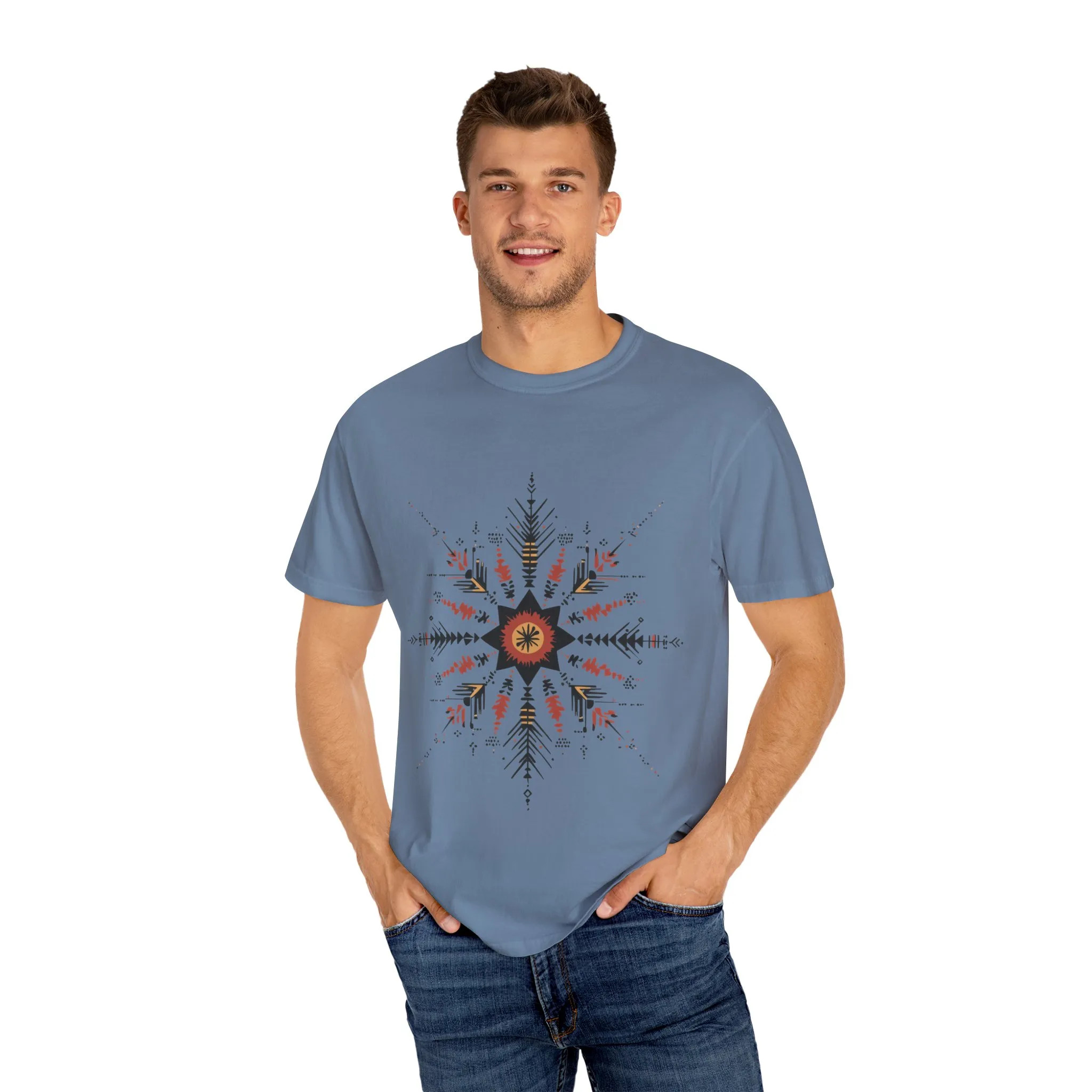 Boho chic nature t-shirt with geometric tribal design, artistic mandala print tee, unisex garment-dyed earthy tone t-shirt, bohemian festival fashion t-shirt.