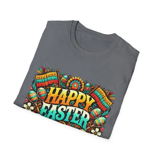 Happy Easter Unisex Softstyle T-Shirt - Colorful Easter Egg Design - Image 3