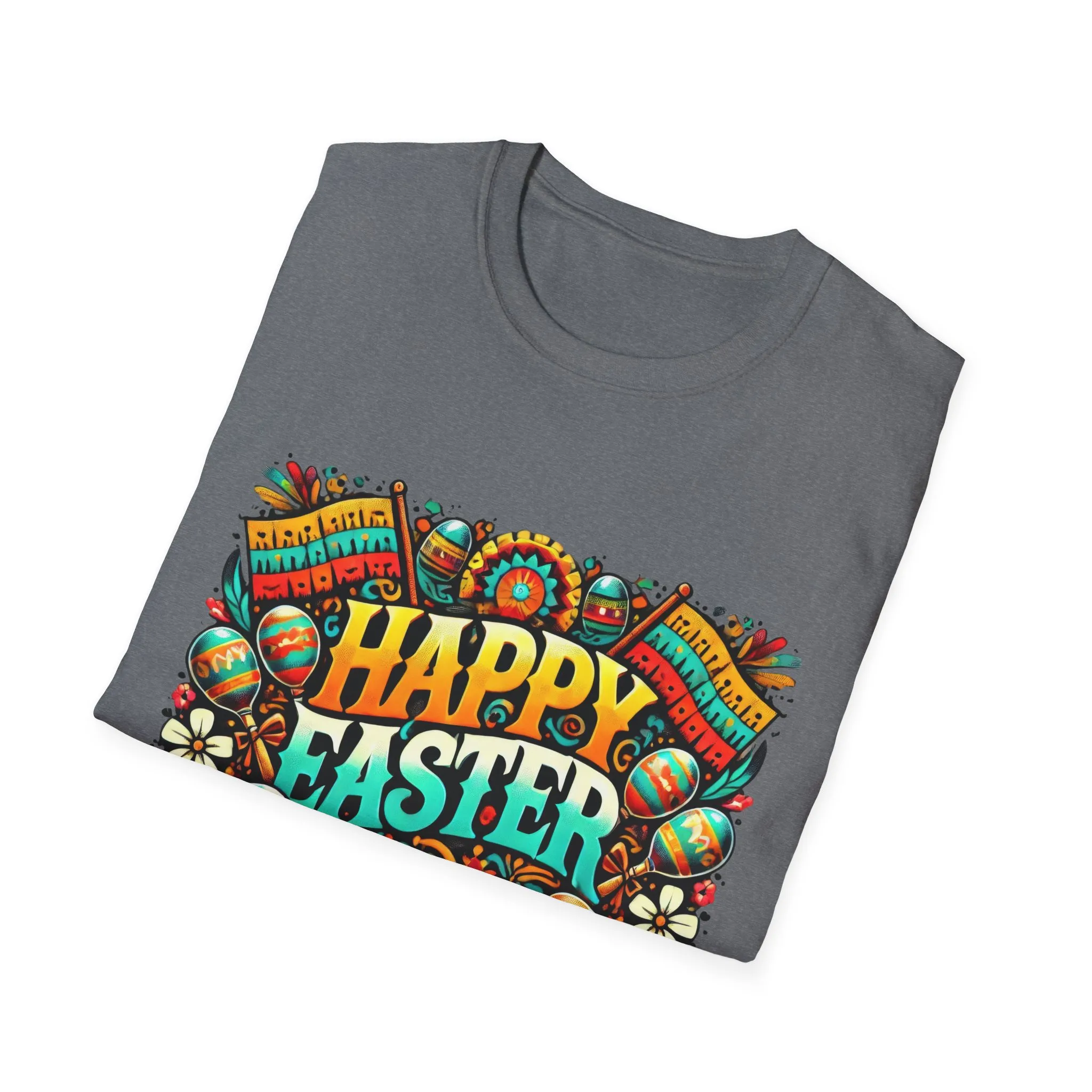 Happy Easter Unisex Softstyle T-Shirt - Colorful Easter Egg Design - Image 3