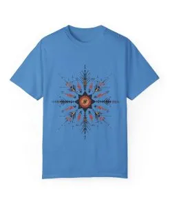 Boho chic nature t-shirt with geometric tribal design, artistic mandala print tee, unisex garment-dyed earthy tone t-shirt, bohemian festival fashion t-shirt.