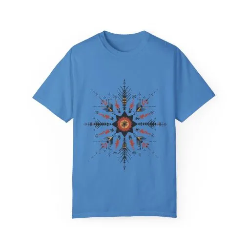 Boho chic nature t-shirt with geometric tribal design, artistic mandala print tee, unisex garment-dyed earthy tone t-shirt, bohemian festival fashion t-shirt.