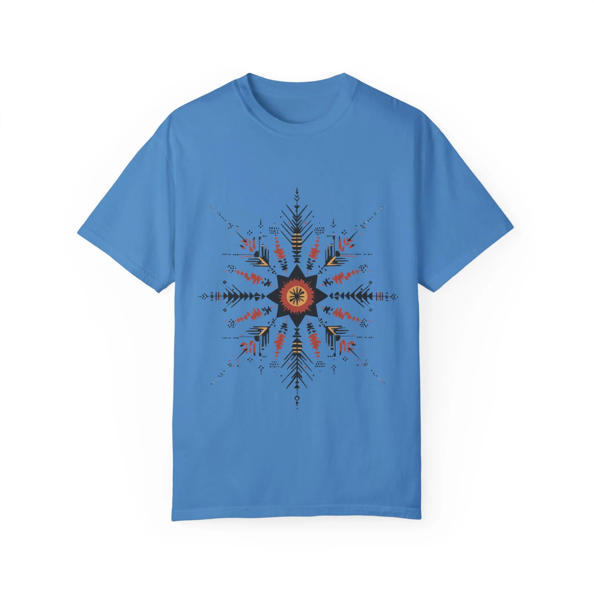 Boho chic nature t-shirt with geometric tribal design, artistic mandala print tee, unisex garment-dyed earthy tone t-shirt, bohemian festival fashion t-shirt.