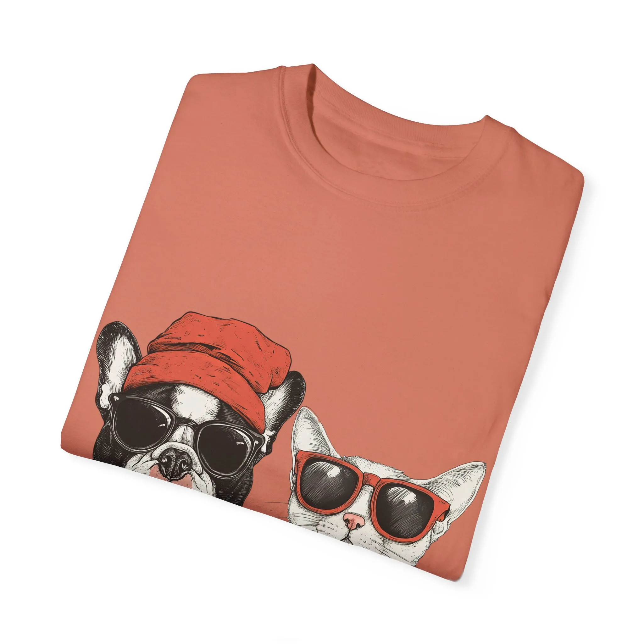 Trendy French Bulldog & Cat T-Shirt, Unisex Vintage Graphic Tee with Cool Sunglasses Design - Image 6