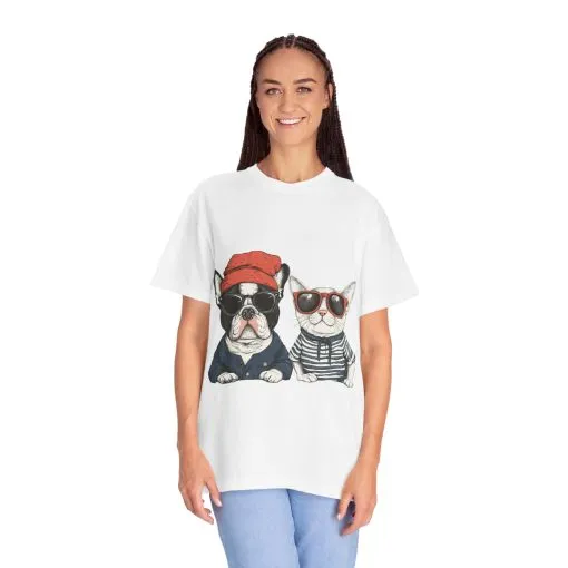 Trendy French Bulldog & Cat T-Shirt | Unisex Vintage Graphic Tee with Cool Sunglasses Design - Image 4