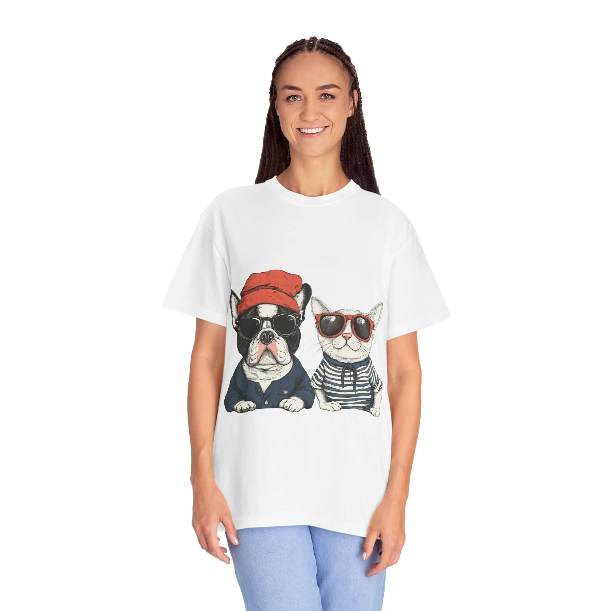 Trendy French Bulldog & Cat T-Shirt, Unisex Vintage Graphic Tee with Cool Sunglasses Design - Image 4