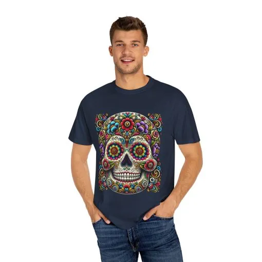 Colorful Floral Skull T-Shirt | Day of the Dead Style | Unisex Garment-Dyed Tee - Image 23