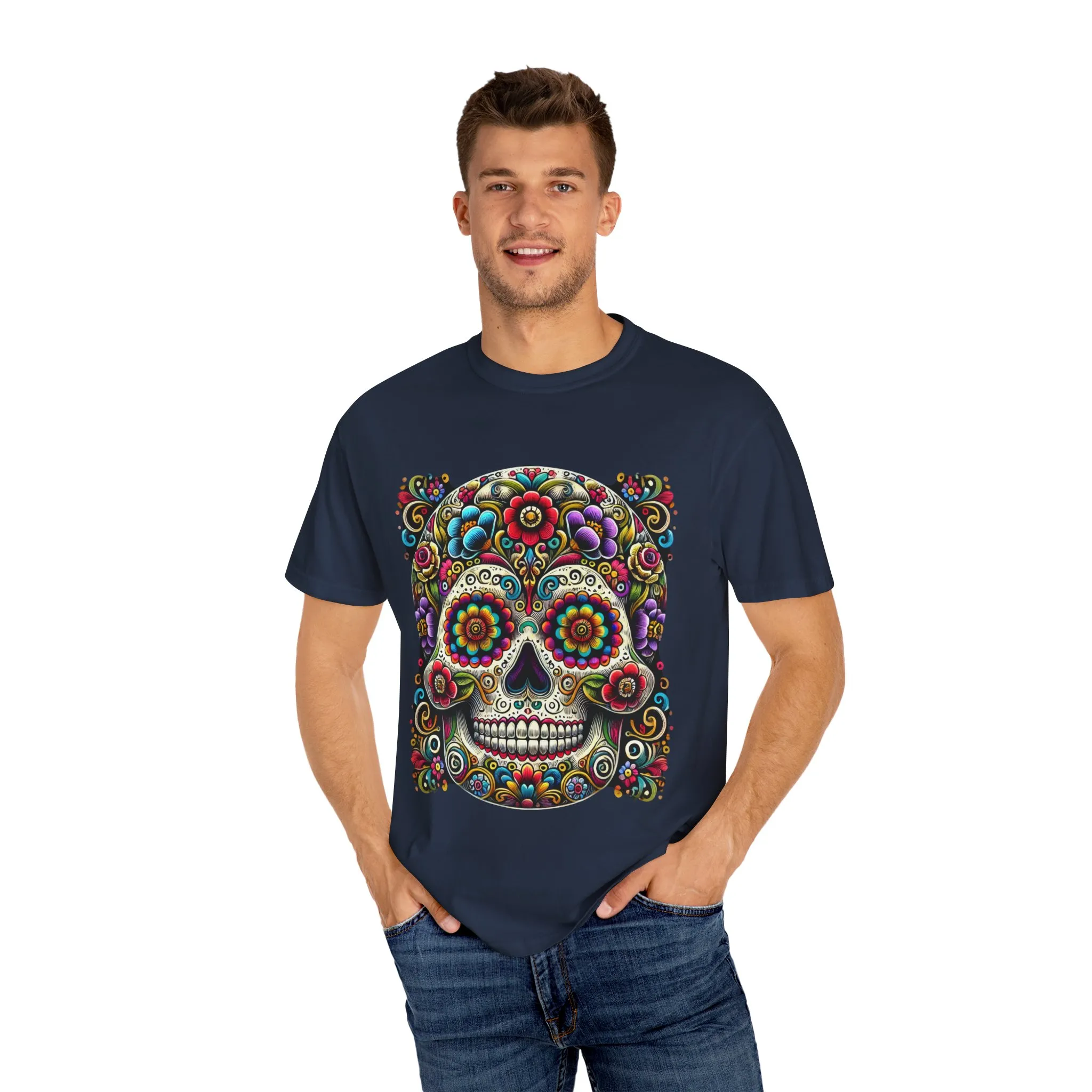 Colorful Floral Skull T-Shirt | Day of the Dead Style | Unisex Garment-Dyed Tee - Image 23