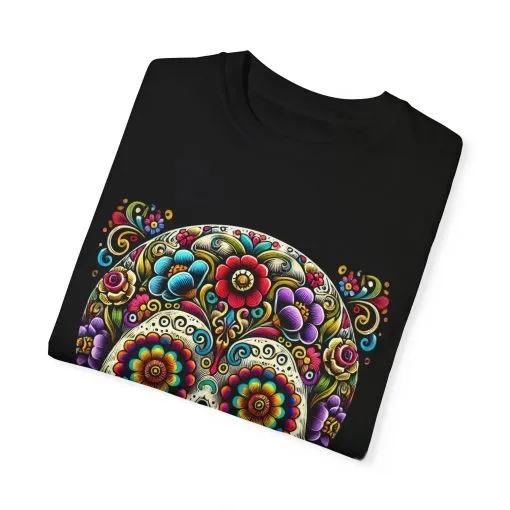 Colorful Floral Skull T-Shirt | Day of the Dead Style | Unisex Garment-Dyed Tee - Image 2