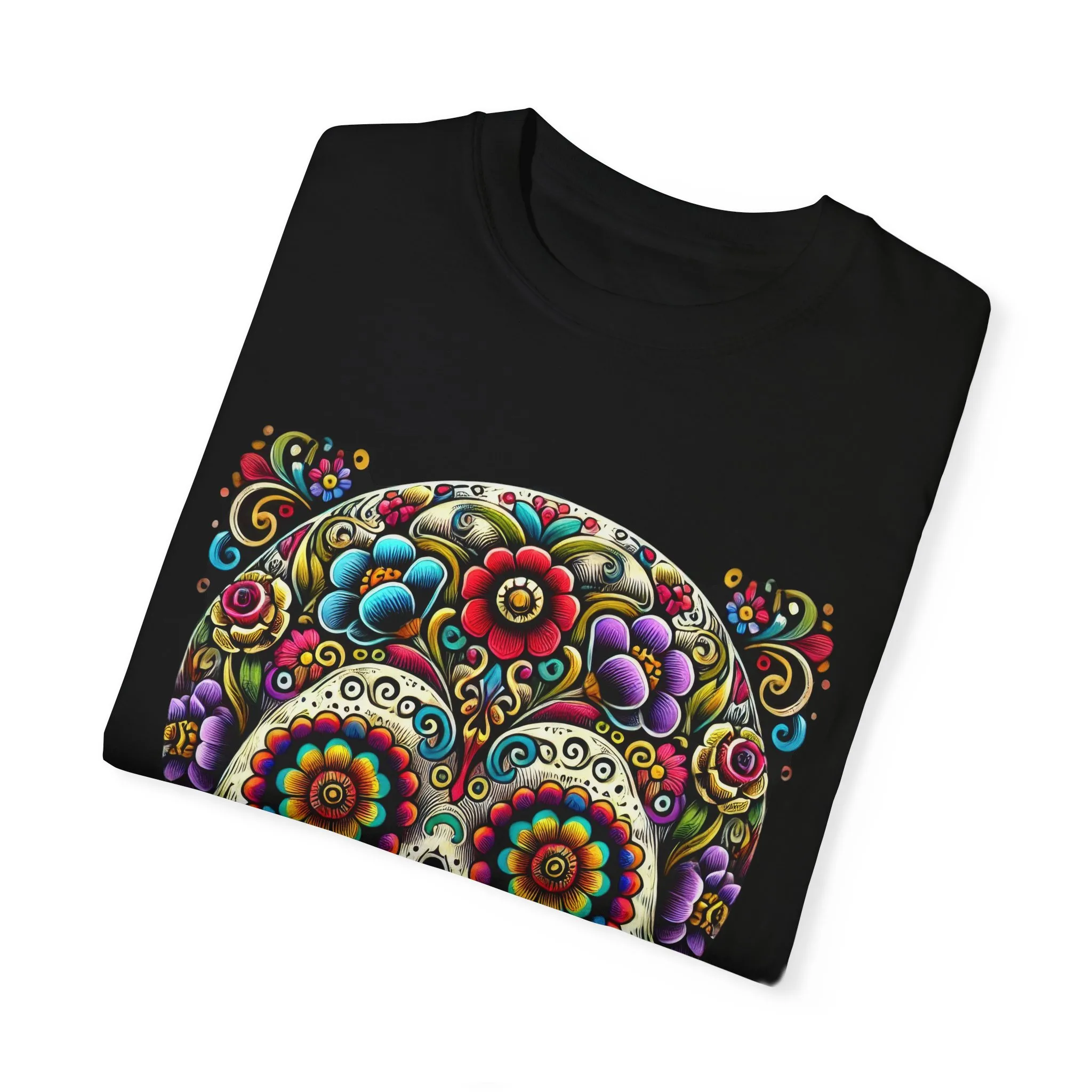 Colorful Floral Skull T-Shirt | Day of the Dead Style | Unisex Garment-Dyed Tee - Image 2