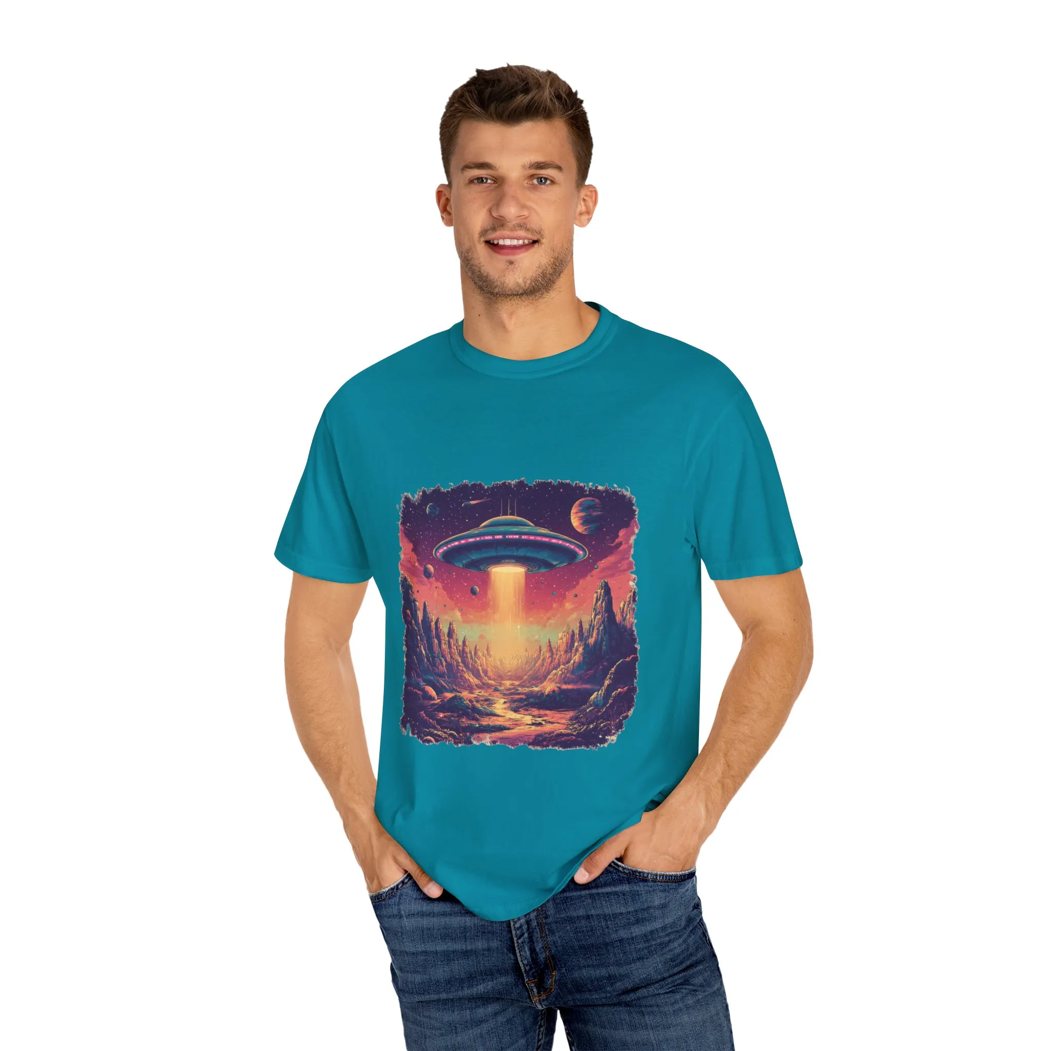 Galactic Adventure Unisex T-Shirt - UFO and Cosmic Landscape Design - Image 15
