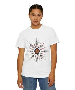 Boho chic nature t-shirt with geometric tribal design, artistic mandala print tee, unisex garment-dyed earthy tone t-shirt, bohemian festival fashion t-shirt.
