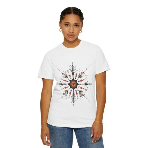 Boho chic nature t-shirt with geometric tribal design, artistic mandala print tee, unisex garment-dyed earthy tone t-shirt, bohemian festival fashion t-shirt.
