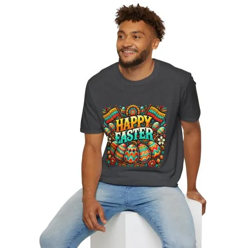 Happy Easter Unisex Softstyle T-Shirt - Colorful Easter Egg Design - Image 35