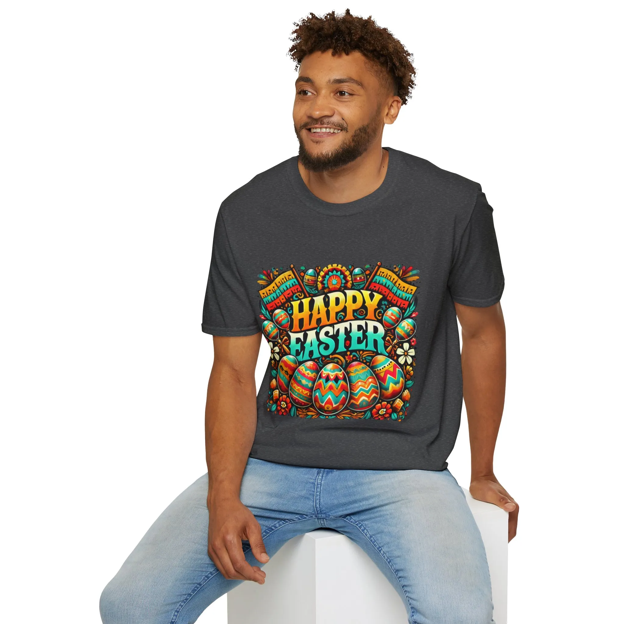 Happy Easter Unisex Softstyle T-Shirt - Colorful Easter Egg Design - Image 35