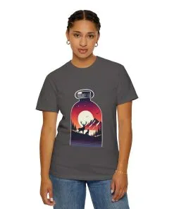 Adventure mountain t-shirt with deer and nature print, eco-friendly outdoor t-shirt, scenic wildlife graphic tee, unisex nature lover’s t-shirt.