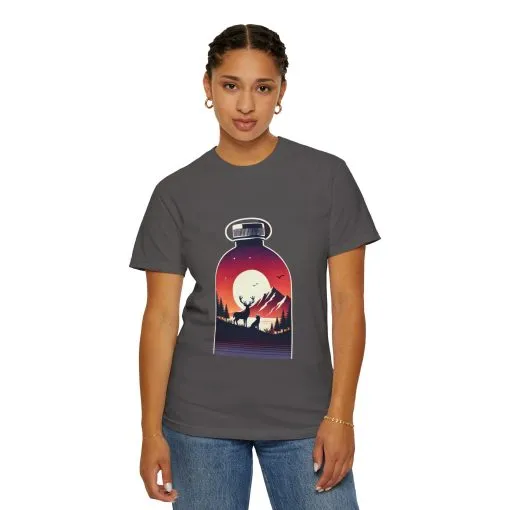 Adventure mountain t-shirt with deer and nature print, eco-friendly outdoor t-shirt, scenic wildlife graphic tee, unisex nature lover’s t-shirt.
