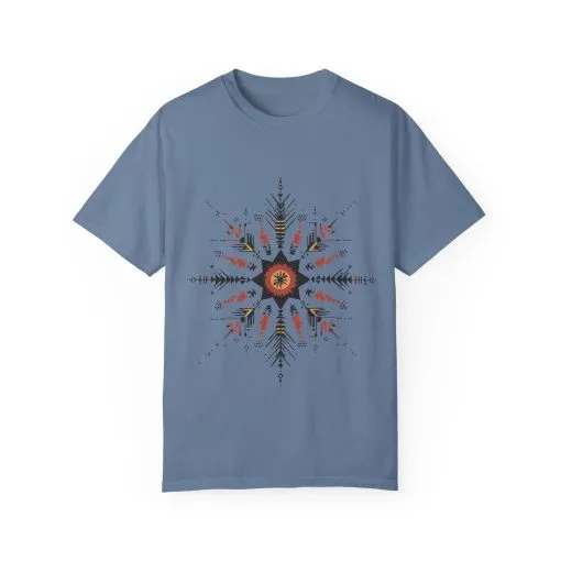 Boho chic nature t-shirt with geometric tribal design, artistic mandala print tee, unisex garment-dyed earthy tone t-shirt, bohemian festival fashion t-shirt.